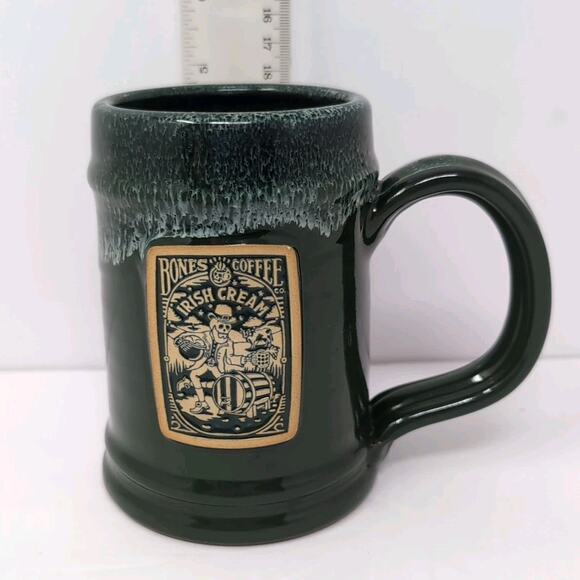 Deneen Pottery Bones Coffee Co Irish Cream Coffee Mug Green Stoneware Skeleton - Picture 10 of 11